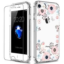 LUHOURI iPhone SE Case 2020,iPhone 8 Case,iPhone 7 Case with Screen Protector,Clear with Blooming Floral Flower for Girls Women,Protective Phone Case for iPhone 7 /iPhone 8/ iPhone SE2