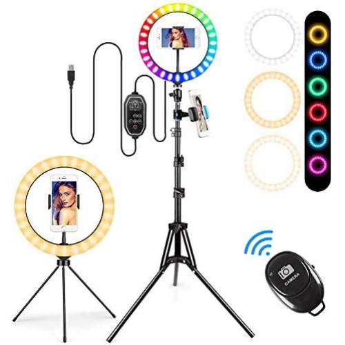 10" Selfie Ring Light with Tripod Stand & Phone Holder & Bluetooth Remote,3 Modes 11 Brightness Levels with 150 LED Bulbs, 6 RGB, LED Ring Light with Stand for Live Stream, Makeup,YouTube