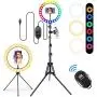 10" Selfie Ring Light with Tripod Stand & Phone Holder & Bluetooth Remote,3 Modes 11 Brightness Levels with 150 LED Bulbs, 6 RGB, LED Ring Light with Stand for Live Stream, Makeup,YouTube 10" Selfie Ring Light with Tripod Stand & Phone Holder & Bluetooth Remote,3 Modes 11 Brightness Levels with 150 LED Bulbs, 6 RGB, LED Ring Light with Stand for Live Stream, Makeup,YouTube