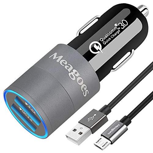 Meagoes Fast Micro USB Car Charger, Compatible for Samsung Galaxy S7 Edge/S7/S7 Active/S6/S5, J7/J3, Note 5/4, Moto E6/5/4, LG K20 Android Phone, Quick Charge 3.0 Dual Port Adapter with Charging Cable
