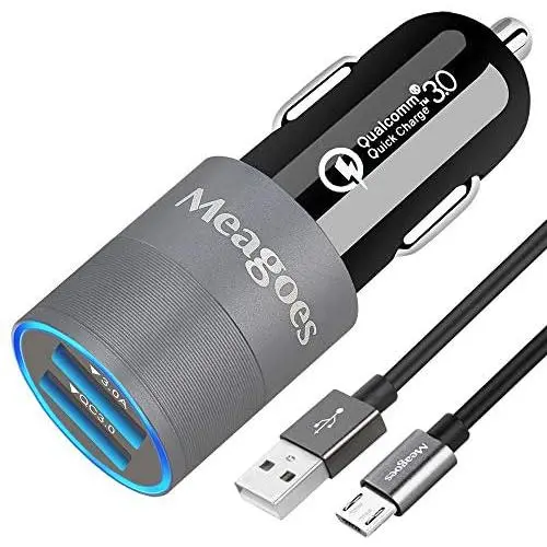 Meagoes Fast Micro USB Car Charger, Compatible for Samsung Galaxy S7 Edge/S7/S7 Active/S6/S5, J7/J3, Note 5/4, Moto E6/5/4, LG K20 Android Phone, Quick Charge 3.0 Dual Port Adapter with Charging Cable Meagoes Fast Micro USB Car Charger, Compatible for Samsung Galaxy S7 Edge/S7/S7 Active/S6/S5, J7/J3, Note 5/4, Moto E6/5/4, LG K20 Android Phone, Quick Charge 3.0 Dual Port Adapter with Charging Cable