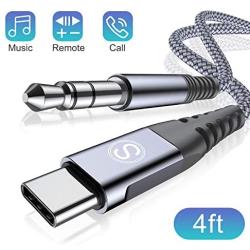 USB C to 3.5mm Headphone Jack Aux Cable,Sweguard Type C Male to 3.5mm Male Car Stereo Aux Adapter Nylon Braided for Huawei P30,Samsung Galaxy S20 Note10,Google Pixel Type C Port Smartphone-4ft Grey