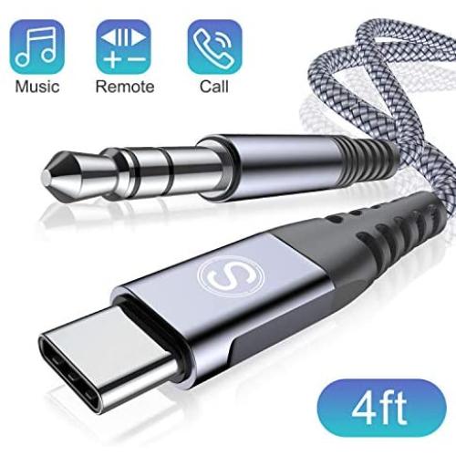 USB C to 3.5mm Headphone Jack Aux Cable,Sweguard Type C Male to 3.5mm Male Car Stereo Aux Adapter Nylon Braided for Huawei P30,Samsung Galaxy S20 Note10,Google Pixel Type C Port Smartphone-4ft Grey