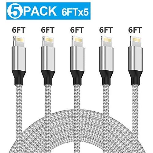 iPhone Charger WZK MFi Certified 5Pack 6FT Charger Cable Nylon Braided Extra Long High Speed Data Sync Transfer Lightning Cable Compatible iPhone 11/Pro/Xs Max/X/8/7/Plus/6S/6/SE2/5S and More - Sliver