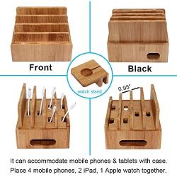 Bamboo Charging Stations for Multiple Devices, Pezin & Hulin Desk Docking Station Organizer for Cell Phone, Tablet, Watch (Include Bamboo Wood Dock Station, Watch Stand, 4 USB Charger Cables)