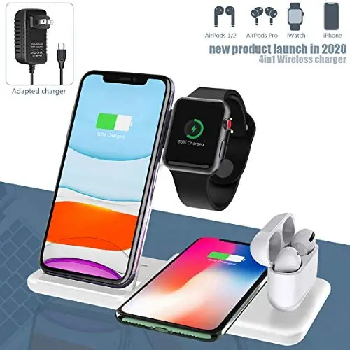 2020 Updated 4 in 1 Wireless Charger, 15W Foldable Wirelesss Charger Stand Compatible for iWatch 1/2/3/4/5 and Airpod, iPhone 11/11 Pro Max/X/XS Max/8, Fast Charging Wireless Charging Station(White) 2020 Updated 4 in 1 Wireless Charger, 15W Foldable Wirelesss Charger Stand Compatible for iWatch 1/2/3/4/5 and Airpod, iPhone 11/11 Pro Max/X/XS Max/8, Fast Charging Wireless Charging Station(White)