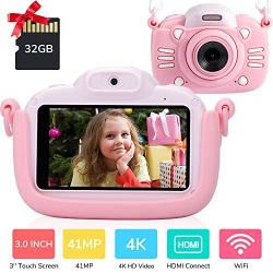 Kids Camera for Girls Gifts Kids Digital Camera Children Selfie Toy Camera, 3.0 Inch Touch Screen Toddler Camera Kids Camcorder Video Recorder with 32G TF Card, Pink