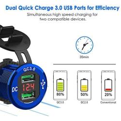 Quick Charge 3.0 Dual USB Charger Socket, ADSDIA Waterproof Aluminum Power Outlet Fast Charge with LED Voltmeter & Wire Fuse DIY Kit for 12V/24V Car Boat Marine Motorcycle Truck Golf Cart and More