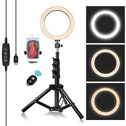 8-inch Ring Light with Stand Adjustable [15-47 inches],Dimmable Camera Lights with Cell Phone Holder for YouTube Makeup Video,3 Color Settings - White,Warm,Yellow