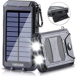 Solar Charger 20000mAh YOESOID Portable Solar Power Bank with Dual USB Output Waterproof External Battery Pack Compatible Most Smart Phones and Tablets