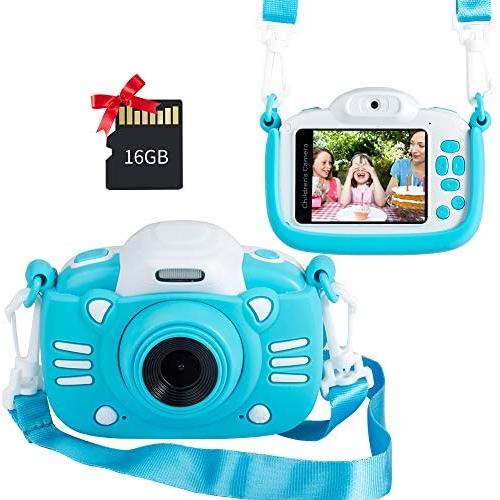 MINIBEAR Kids Digital Camera, 2.4 Inch Kids Video Camera for Girls Boys Gifts Toddler Toy Camera 30MP Mini Kids Camcorder with Games and 16GB SD Card, Blue