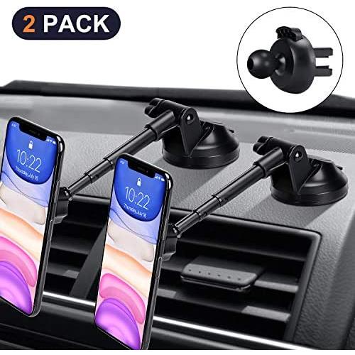 2 Pack Magnetic Phone Car Mount with 6 Powerful Magnets, Aluminium Alloy Telescopic Arm Car Phone Holder for Dashboard Windshield Air Vent, Super Sticky Suction Cup, for All Phone Tablets