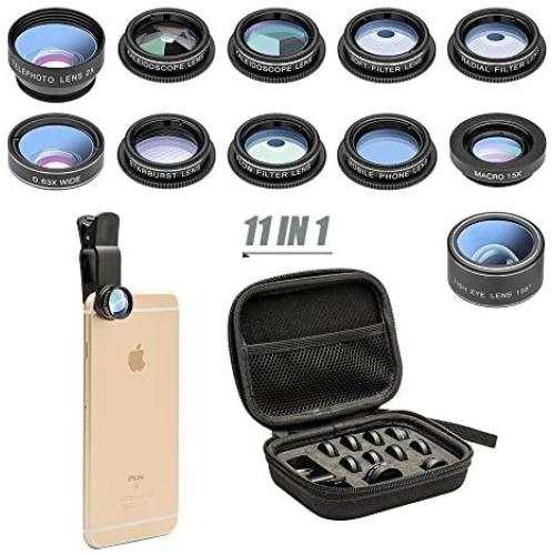 11 in 1 Cell Phone Camera Lens Kit Wide Angle Lens & Macro Lens+Fisheye Lens+Telephoto Lens+CPL/Flow/Radial/Star/Soft Filter+Kaleidoscope Lens Compatible for iPhone Samsung Sony and Most of Smartphone