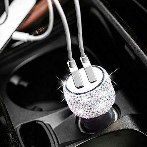 Dual USB Car Charger Bling Bling Handmade Rhinestones Crystal Car Decorations for Fast Charging Car Decors for iPhone, iPad Pro/Air 2/Mini, Samsung Galaxy Note 9 8 S9 S9+ LG Nexus HTC etc