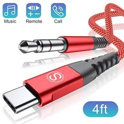 USB C to 3.5mm Audio Aux Jack Cable, Sweguard Type C Adapter to 3.5mm Headphone Car Stereo Nylon Cord for Google Pixel 4 3 2 XL, Samsung Galaxy S20,S20+,S20 Ultra,S10 S9 Note10 9, iPad Pro (4ft, red)