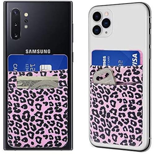 SHANSHUI Phone Card Holder, 2 Pack Stick On Wallet for Credit Card, Business Card Compatible with iPhone, Android and Most Smartphones - Pink Cheetah