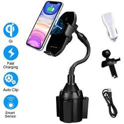 Wireless Car Charger, Anstop 2-in-1 Cup Holder Phone Mount Air Vent Holder Auto Clamping Qi Fast Charging Cell Phone Holder Compatible iPhone 11/Xs Max/XS/XR/X/8/8+, Samsung S10/S10+/S9/S9+（Black）