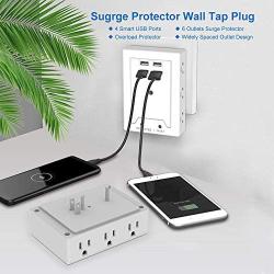 VASTFAFA 6 AC Outlets Surge Protector,Multi Outlet Wall Adapter,USB Power Strip Extension - Mountable Grounded Surge Protector, Portable Outlet Extender for TV Computer Laptops Smartphone White