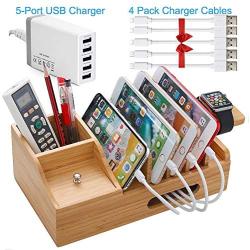 Bamboo USB Charging Stations for Multiple Devices with 5 Port USB Charger, 5 Charge Cable, Watch Stand. Wood Desk Storage Organizer Holder Compatible with iPhone, iPad, Cell Phone, Tablet, Kindle