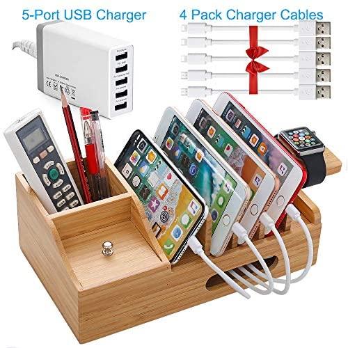 Bamboo USB Charging Stations for Multiple Devices with 5 Port USB Charger, 5 Charge Cable, Watch Stand. Wood Desk Storage Organizer Holder Compatible with iPhone, iPad, Cell Phone, Tablet, Kindle