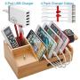 Bamboo USB Charging Stations for Multiple Devices with 5 Port USB Charger, 5 Charge Cable, Watch Stand. Wood Desk Storage Organizer Holder Compatible with iPhone, iPad, Cell Phone, Tablet, Kindle