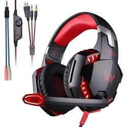 KOTION Each Gaming Headset for PS4,PC,Xbox One,Professional Noise Lsolation, Over Ear Headphones with Mic,LED Light,Bass Surround,Soft Memory Earmuffs,Gaming Headphones-RED(Adapter Not Included)