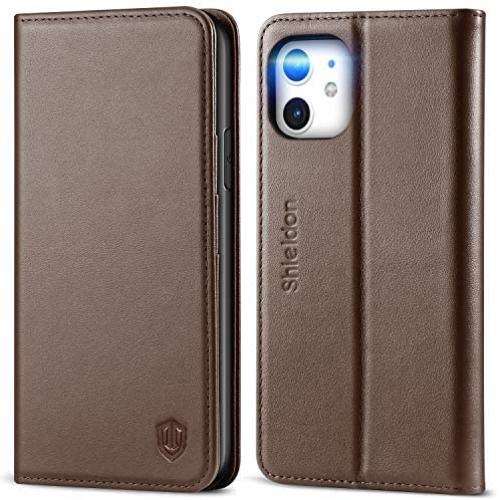 SHIELDON iPhone 11 Case, Genuine Leather iPhone 11 Wallet Flip Magnetic Cover RFID Blocking Card Slots Holder Kickstand TPU Shockproof Case Compatible with iPhone 11 (6.1 Inch, 2019) - Coffee Brown