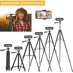 Phone Tripod, Aureday 50” Extendable Adjustable Travel Tripod Stand with Phone Holder Mount & Remote, Compatible with iPhone & Android Phone & Camera