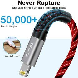 iPhone Charger, iCrius Apple MFi Certified 6FT Lightning Cable Led Light Up USB Fast Charging Cord Compatible with iPhone SE/ 11/Pro/Max/X/XS/XR/XS Max/8/Plus/7/7 Plus/6/6S/6 Plus, iPod Touch (red)