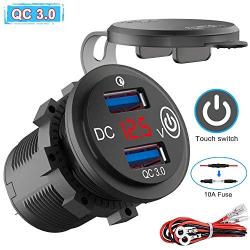 Quick Charge 3.0 Dual USB Outlet, 12V/24V USB Car Charger with On/Off Touch Switch and LED Digital Voltmeter Waterproof Car Socket for Car, Marine, Boat, Motorcycle, Truck and More