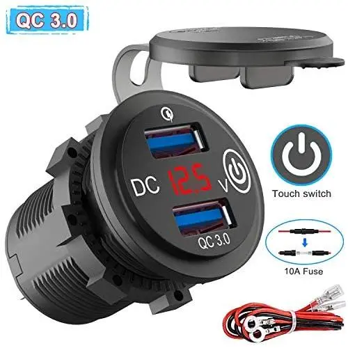 Quick Charge 3.0 Dual USB Outlet, 12V/24V USB Car Charger with On/Off Touch Switch and LED Digital Voltmeter Waterproof Car Socket for Car, Marine, Boat, Motorcycle, Truck and More Quick Charge 3.0 Dual USB Outlet, 12V/24V USB Car Charger with On/Off Touch Switch and LED Digital Voltmeter Waterproof Car Socket for Car, Marine, Boat, Motorcycle, Truck and More