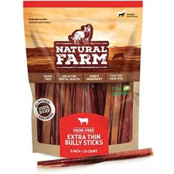 Natural Farm Bully Sticks – Extra Thin, 6-Inch Long (25-Pack) - One Ingredient: 100% Natural Beef Chews, Grass-Fed, Non-GMO, Grain-Free, Fully Digestible Beef Treats for Puppies, Small or Senior Dogs