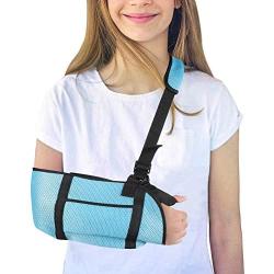 Kids Arm Sling, Lightweight Shoulder Sling Immobilizer with Breathable Mesh, Adjustable Arm Support Strap with Storage Space for Stabilise Arm, Injury Recovery and Shoulder Dislocations, One Size（Sky Blue）