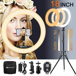 18 Inch Ring Light with Tripod Stand YouTube LED TikTok Ringlight Kit Color Temperature 3200K to 5500K Makeup Ringlights with Phone Holder Remote Carry Bag Camera Cellphone Video Shoot Selfie Portrait