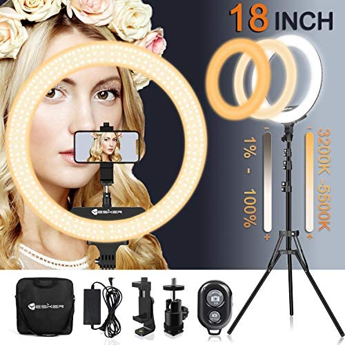 18 Inch Ring Light with Tripod Stand YouTube LED TikTok Ringlight Kit Color Temperature 3200K to 5500K Makeup Ringlights with Phone Holder Remote Carry Bag Camera Cellphone Video Shoot Selfie Portrait