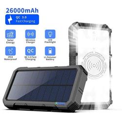 Solar Power Bank 26000mAh, Solar Charger with 28 LEDs, Type-c(in & Out) + Wireless Charging + 3 USB Output for Camping & Travelling, External Backup Battery Pack with Output of 3A for iPhone/Androi