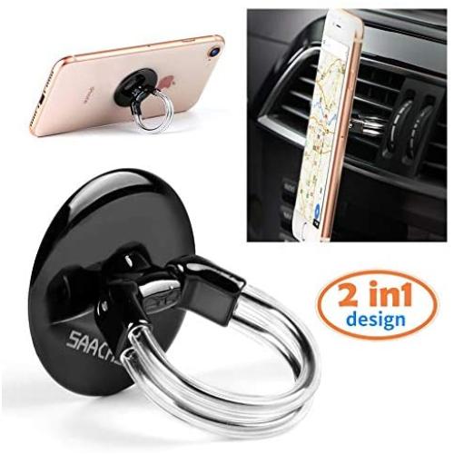 Phone Ring Holder Stand, 2 in 1 Universal Air Vent Car Phone Mount and Finger Grip Ring, 360°Rotation & 180°Flip with Strong Sticky Gel Pad compatible with iPhone X/8/7/6s/Plus, Galaxy S9/S8/S7/S6