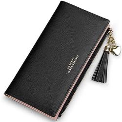 Wallets for Women Leather Cell Phone Case Holster Bag Long Slim Credit Card Holder Cute Minimalist Coin Purse Thin Large Capacity Zip Clutch Handbag Wallet for Girls Ladies (Black)