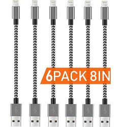 Boost Chargers 6Pack 8INCH Nylon Braided Fast Charging USB Power Charge & Sync Cable Cord for Smartphones, Tablets & Other Gadgets – Multiple USB Charger Station & Cell Phone - White/Grey