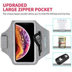 Running Armband with Airpods Bag Cell Phone Armband for iPhone 11/11 Pro/XR/XS/8/7, Water Resistant Sports Phone Holder Case with Touchscreen & Zipper Slot Car Key Holder for 6.5 inches Phone (Grey)