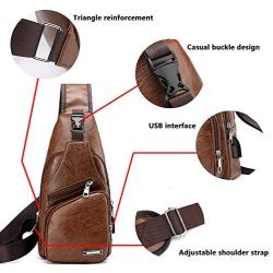 Mens Leather Sling Bag, Chest Daypack Crossbody Shoulder Bag Anti Theft with USB Charging Port (Brown)