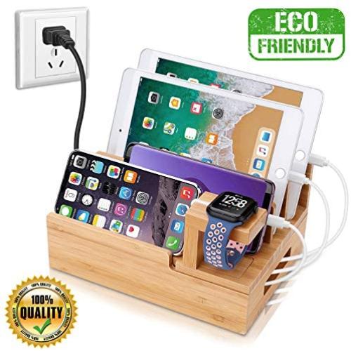 InkoTimes Charging Station with 5-Port USB Charger, Bamboo Charging Station for Multiple Devices of Apple iWatch iPhone iPad Samsung, Universal iOS and Android Cell Phones & Tablets