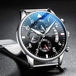 Donia Mens Watch Multi-Hand Original Stainless Steel Waterproof Fashion Casual Analog Quartz Gift Watch Black