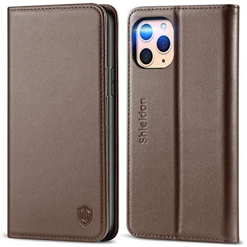 SHIELDON iPhone 11 Pro Case, Genuine Leather Auto Sleep Wake iPhone 11 Pro Wallet Case RFID Blocking Card Slot Magnetic Kickstand Shockproof Case Compatible with iPhone 11 Pro (5.8") - Coffee Brown