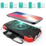Solar Power Bank, Qi Portable Charger 10,000mAh External Battery Pack Type C Input Port Dual Flashlight, Compass, Solar Panel Charging (Red)