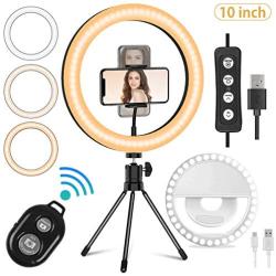 Mansso 10" LED Ring Light Set - Rechargeable Selfie Ring Light Clip & Remote Shutter & Desktop Tripod Stand & Phone Holder for Live Stream/Makeup/YouTube with 3 Light Modes & 10 Brightness Level