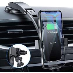 Nalwort Wireless Car Charger 15W Qi Fast Charge with Metal Frame Dashboard and Air Vent Phone holder Auto Clamping Wireless Car Charger Mount for iPhone SE 2020/11 Pro Max/11, Samsung S20/S10 and More