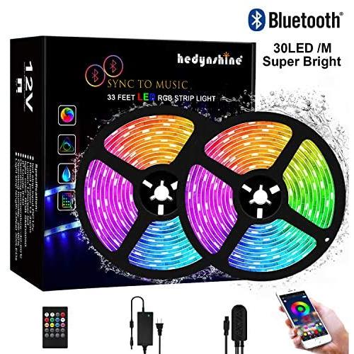 Bluetooth Music Strip Lights 33Feet, Hedynshine Waterproof Strip Lights Sync to Music SMD 5050 300pcs LED Chips, RGB 12V Rope Lights with Remote, Smart Phone App Controled Color Changing Light Strips