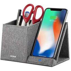 Lecone 10W Fast Wireless Charger with Desk Organizer Qi Certified Fabric Induction Charger Stand Pen Pencil Holder Compatible iPhone 11/Xs MAX/XR/XS/X/8/8, Samsung S10/S9/S9+/S8/S8+/Note 10, Grey