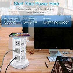 Power Strip Tower Wireless Charger - GLCON Surge Protector Charging Station with 4 USB Ports + 3000W 13A 10 Outlet Plugs + 6ft Extension Cord - Power Outlet Charging Tower for PC Home Office